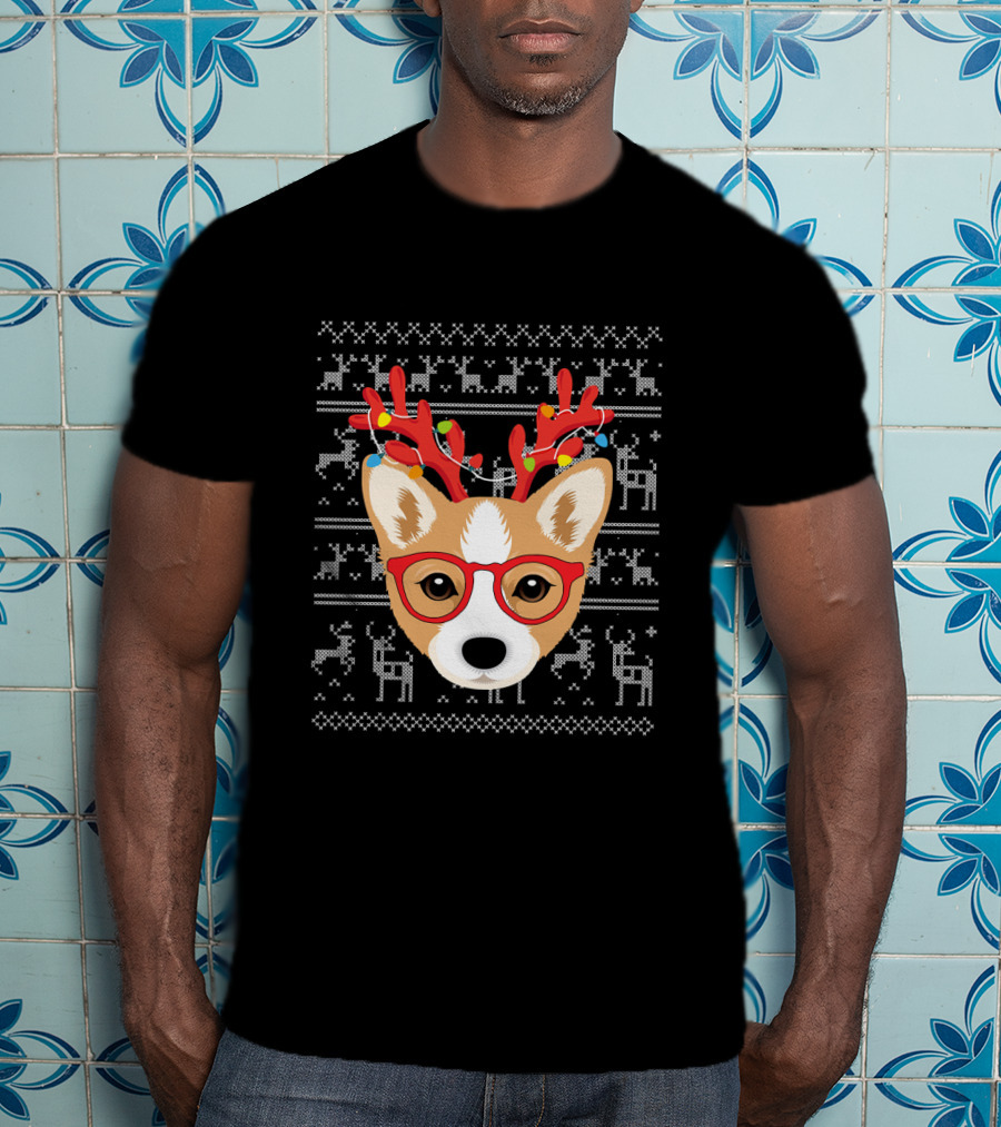 Corgi Puppy Dog With Xmas Antlers And Glasses Holiday T-Shirt