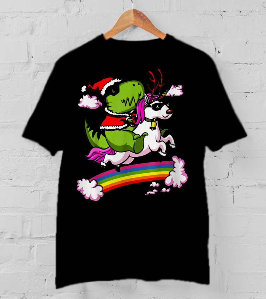 T Rex Dinosaur Santa Riding Unicorn Rainbow Cloud Adventure T-Shirt