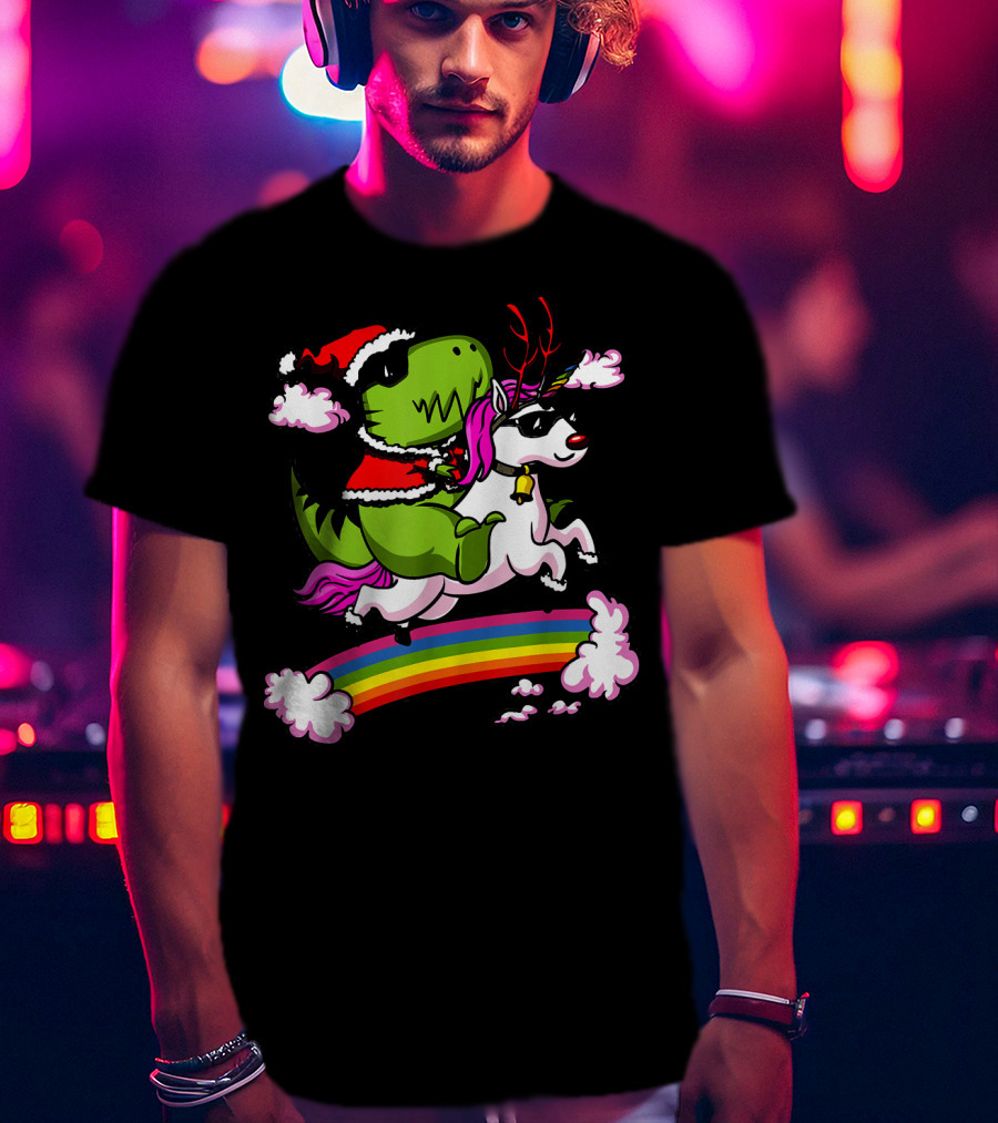 T Rex Dinosaur Santa Riding Unicorn Rainbow Cloud Adventure T-Shirt