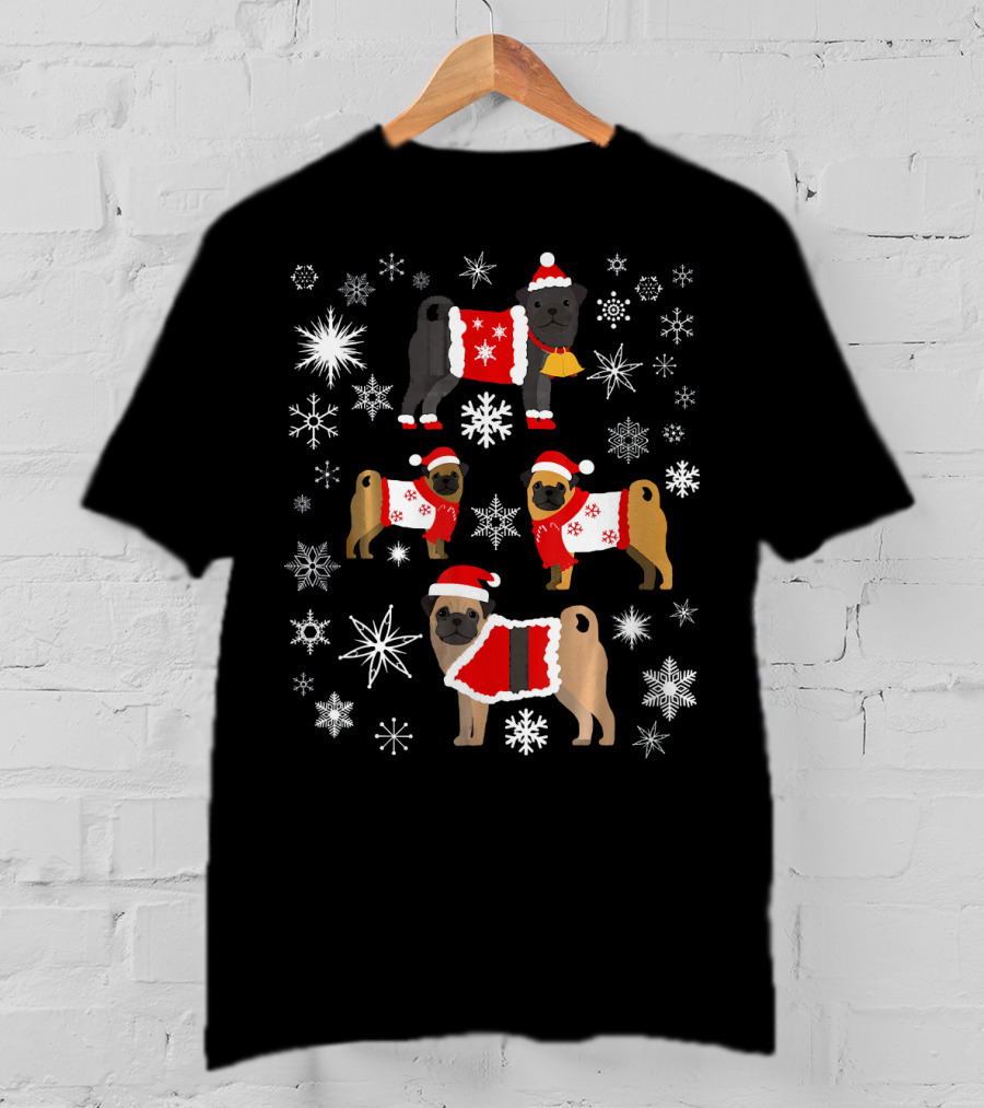 Pug Christmas Snowflakes Sweaters Santa Hats Holiday T-Shirt