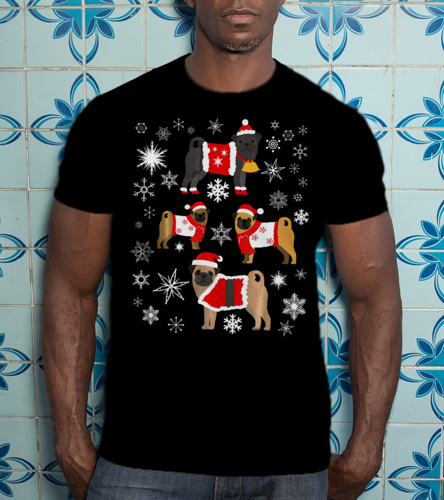 Pug Christmas Snowflakes Sweaters Santa Hats Holiday T-Shirt