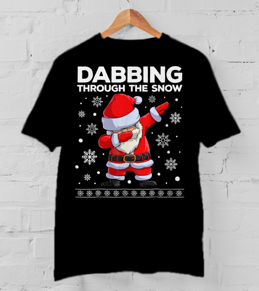 Boys Christmas Dabbing Santa Through The Snow With Snowflakes T-Shirt