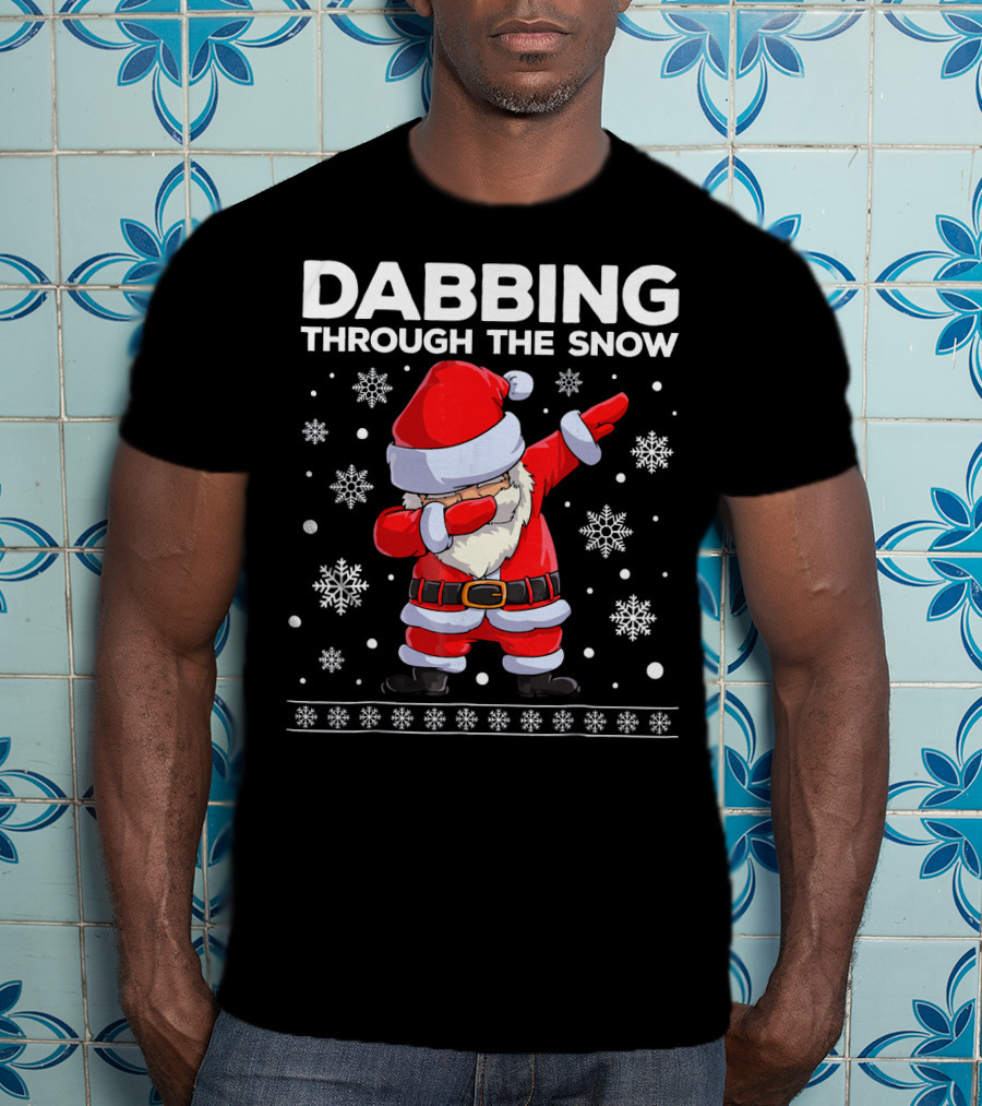 Boys Christmas Dabbing Santa Through The Snow With Snowflakes T-Shirt