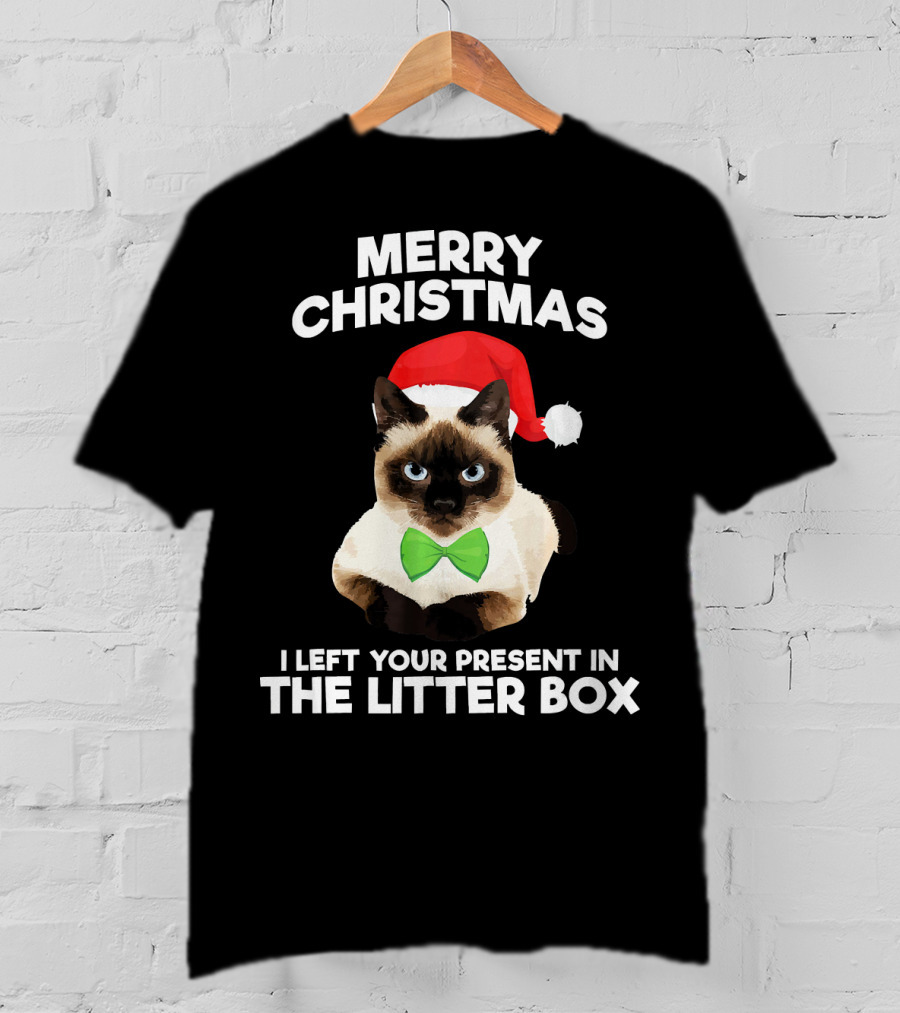 Merry Christmas I Left Your Present In The Litter Box Cat Santa Hat Bow Tie T-Shirt