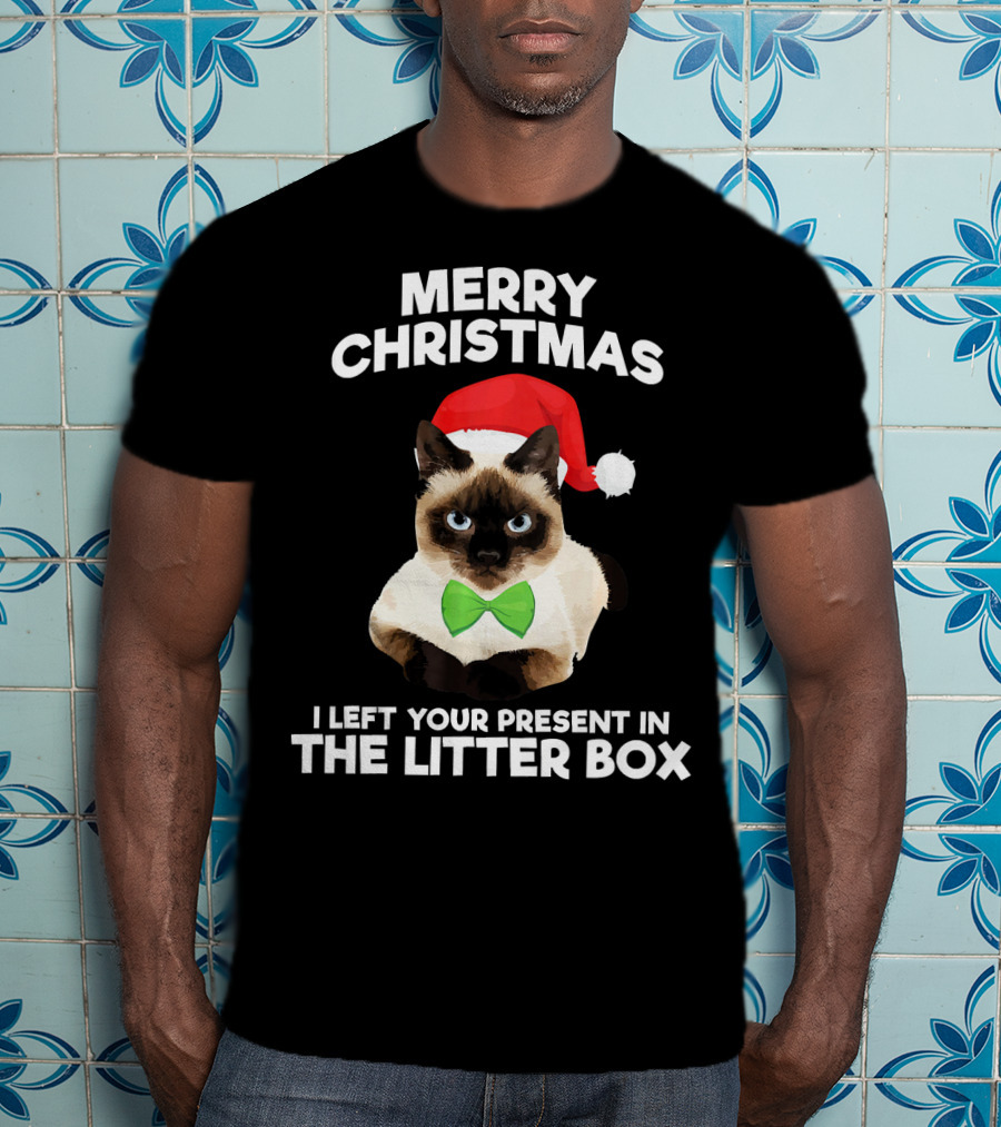 Merry Christmas I Left Your Present In The Litter Box Cat Santa Hat Bow Tie T-Shirt