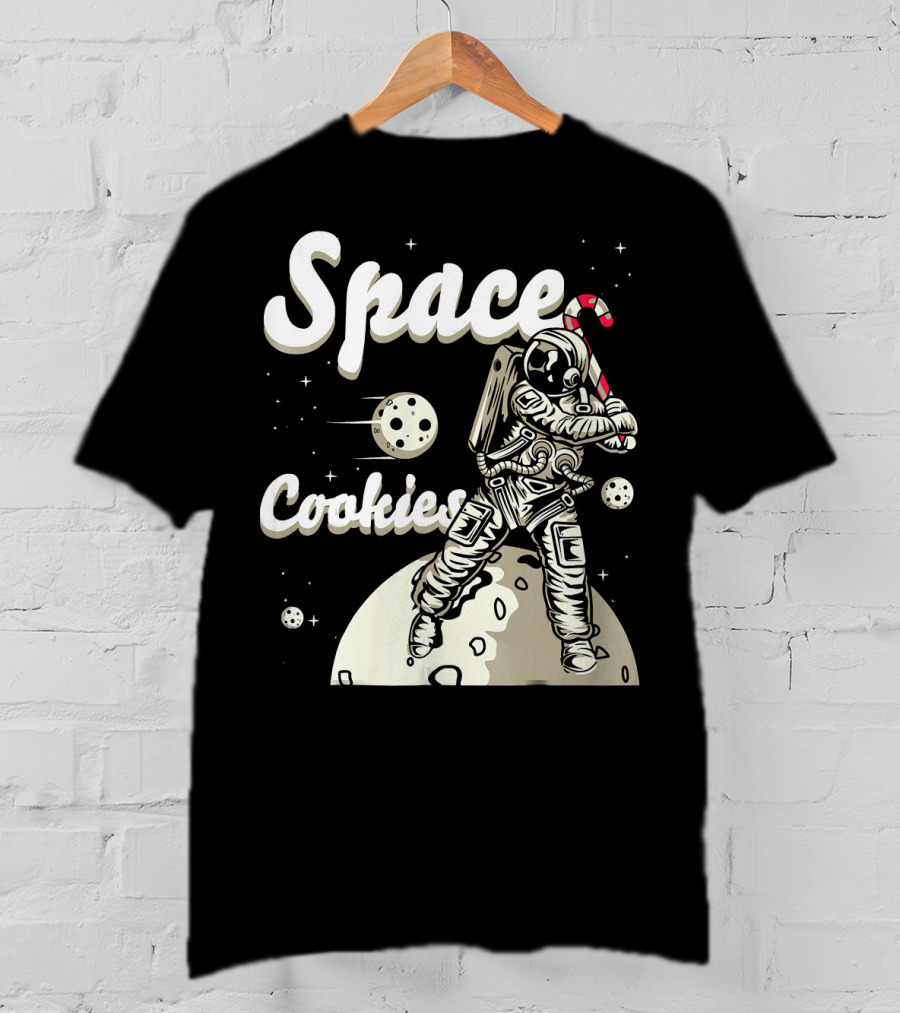 Space Cookies Xmas Weed Astronaut With Candy Cane On Moon T-Shirt