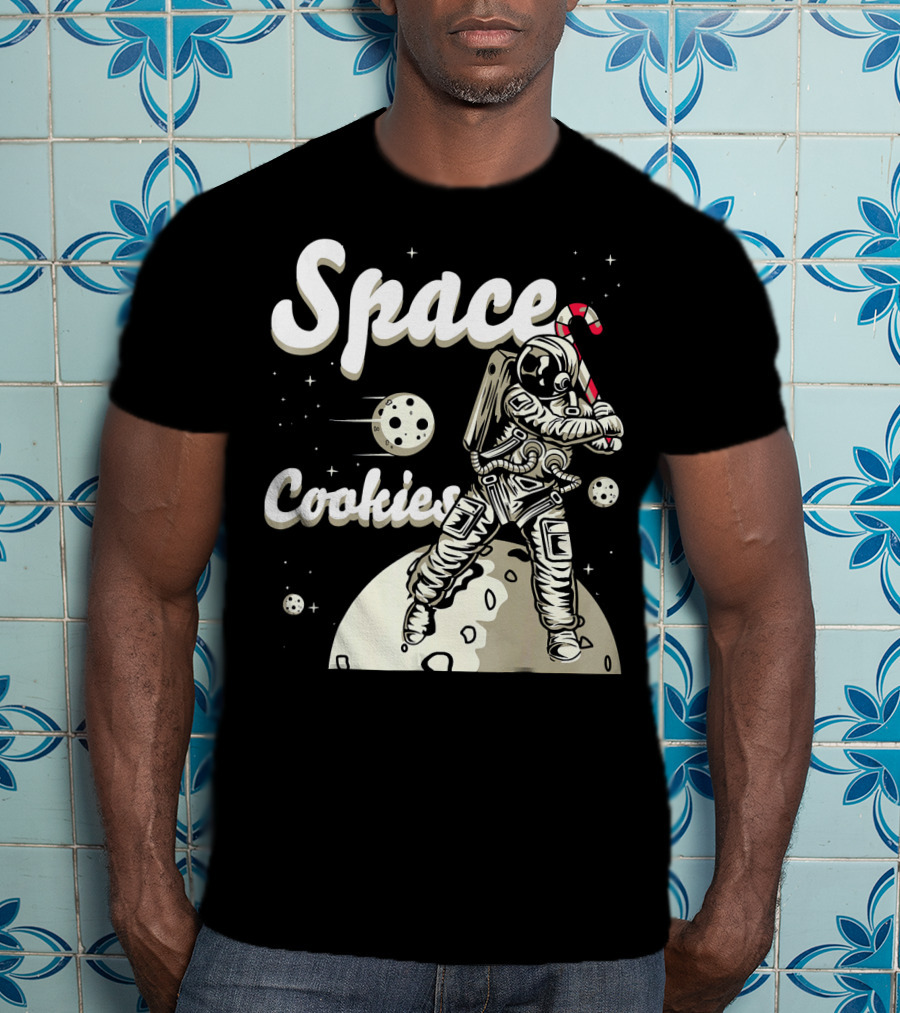 Space Cookies Xmas Weed Astronaut With Candy Cane On Moon T-Shirt
