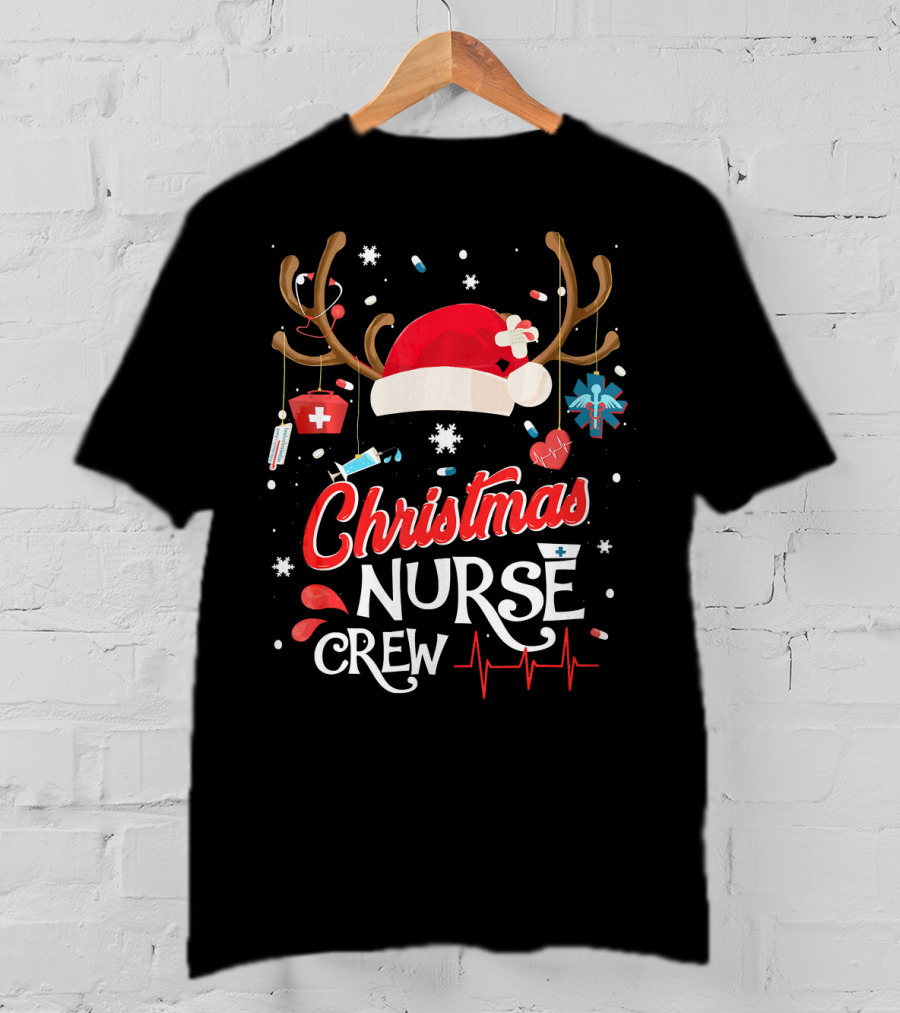 Christmas Nurse Crew Antlers Santa Hat Medical Elements T-Shirt