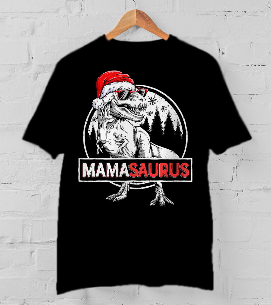 Mamasaurus Dinosaur Christmas Santa Hat Sunglasses T-Shirt