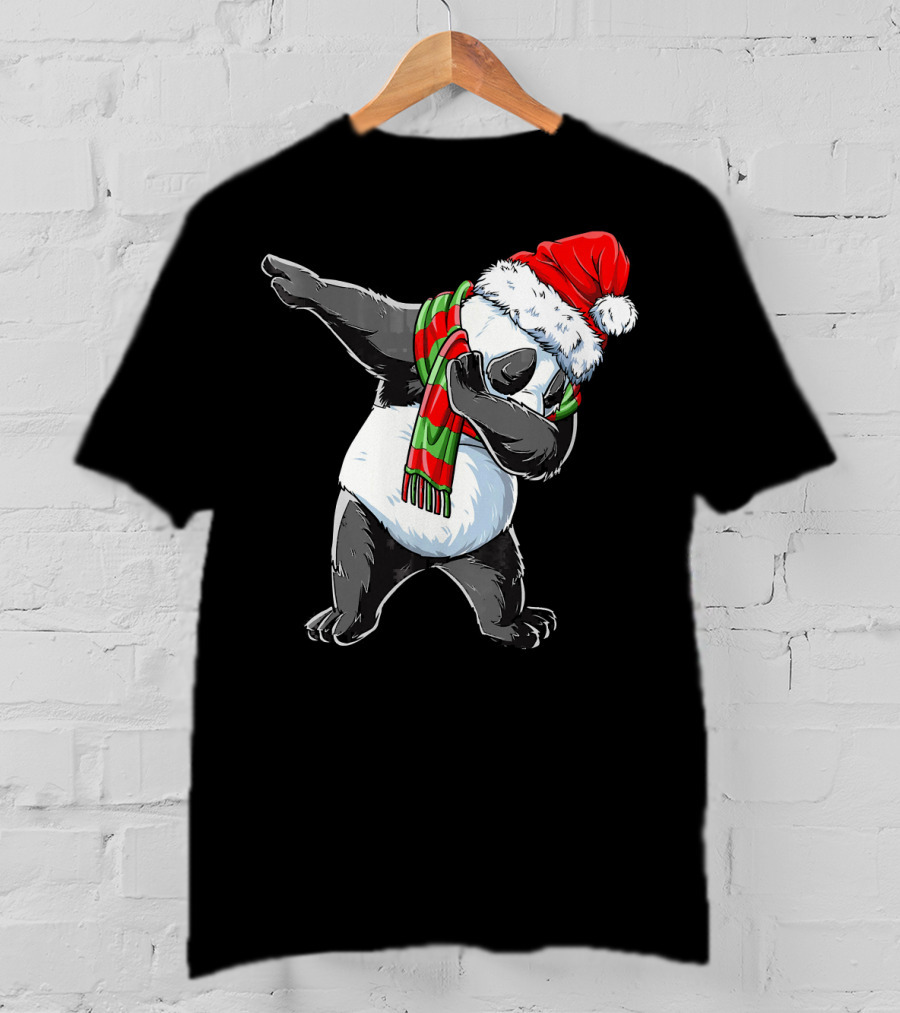 Panda Dabbing Santa Hat Red Green Scarf T-Shirt
