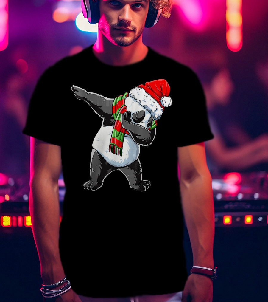 Panda Dabbing Santa Hat Red Green Scarf T-Shirt