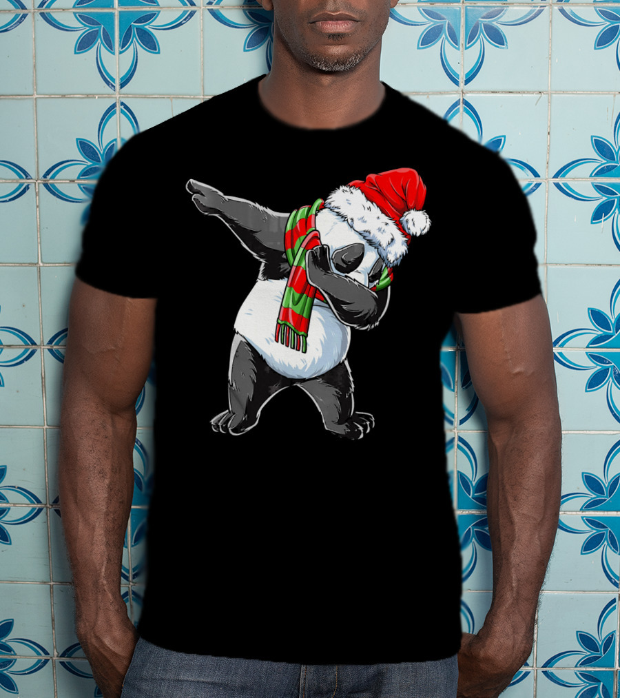 Panda Dabbing Santa Hat Red Green Scarf T-Shirt