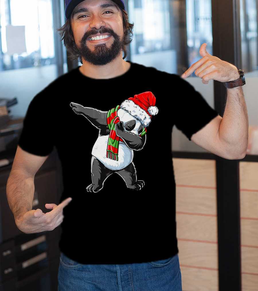 Panda Dabbing Santa Hat Red Green Scarf T-Shirt