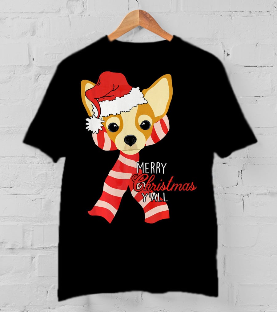 Merry Christmas Y'all Chihuahua Dog With Santa Hat And Scarf T-Shirt