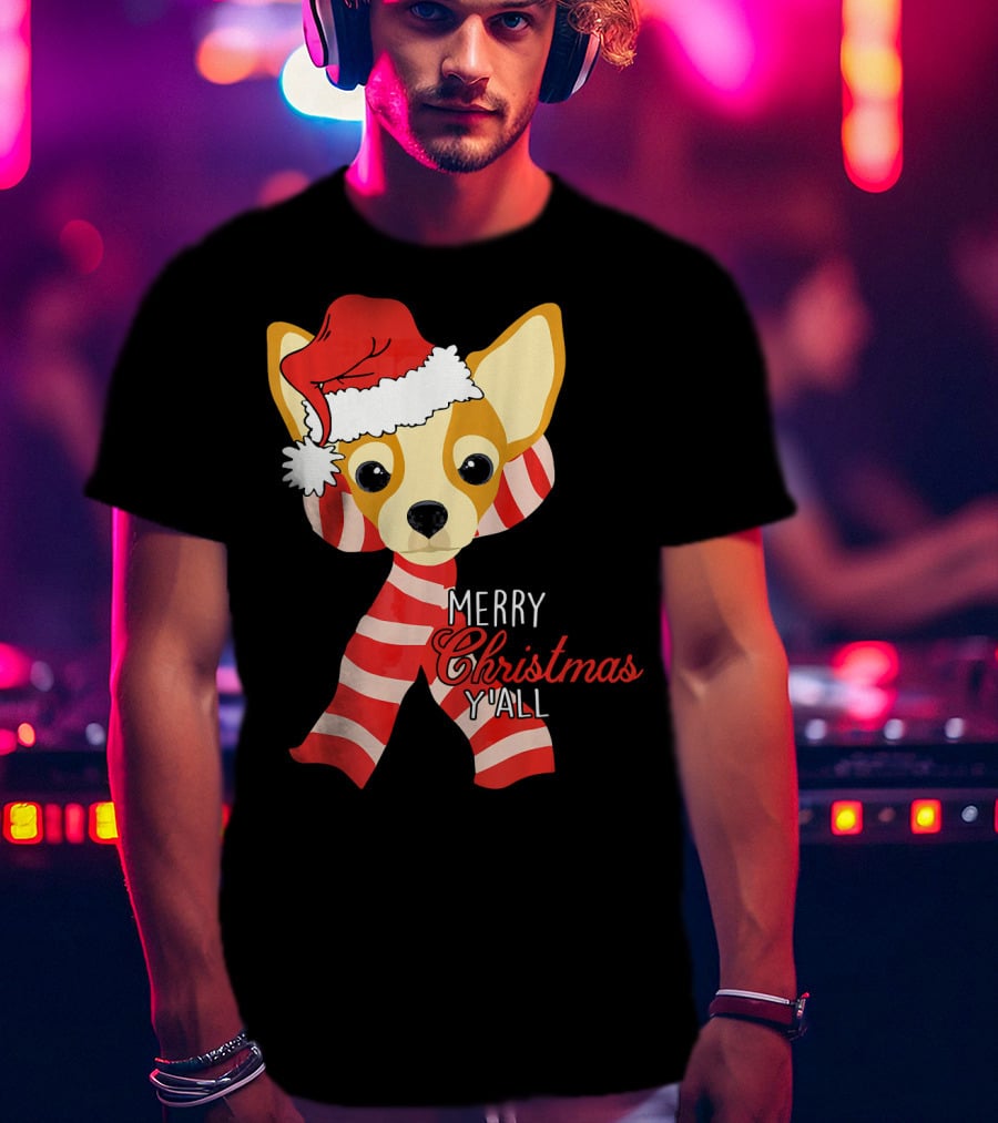 Merry Christmas Y'all Chihuahua Dog With Santa Hat And Scarf T-Shirt