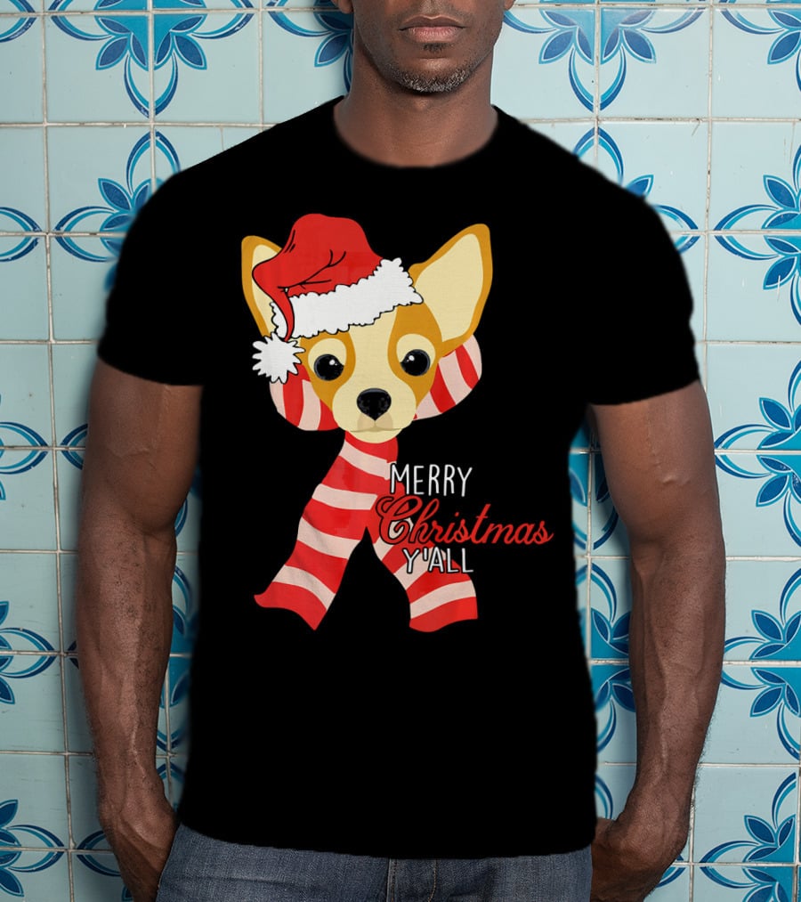 Merry Christmas Y'all Chihuahua Dog With Santa Hat And Scarf T-Shirt