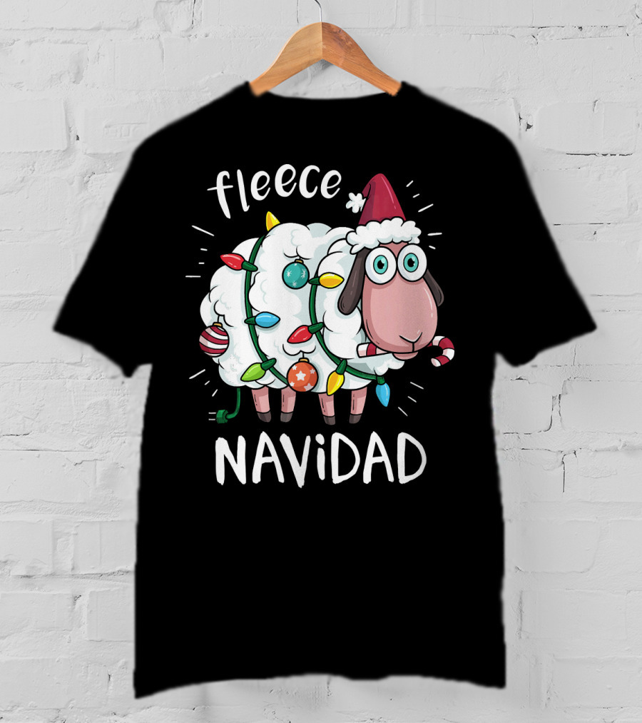 Fleece Navidad Funny Cute Sheep With Christmas Lights And Santa Hat T-Shirt
