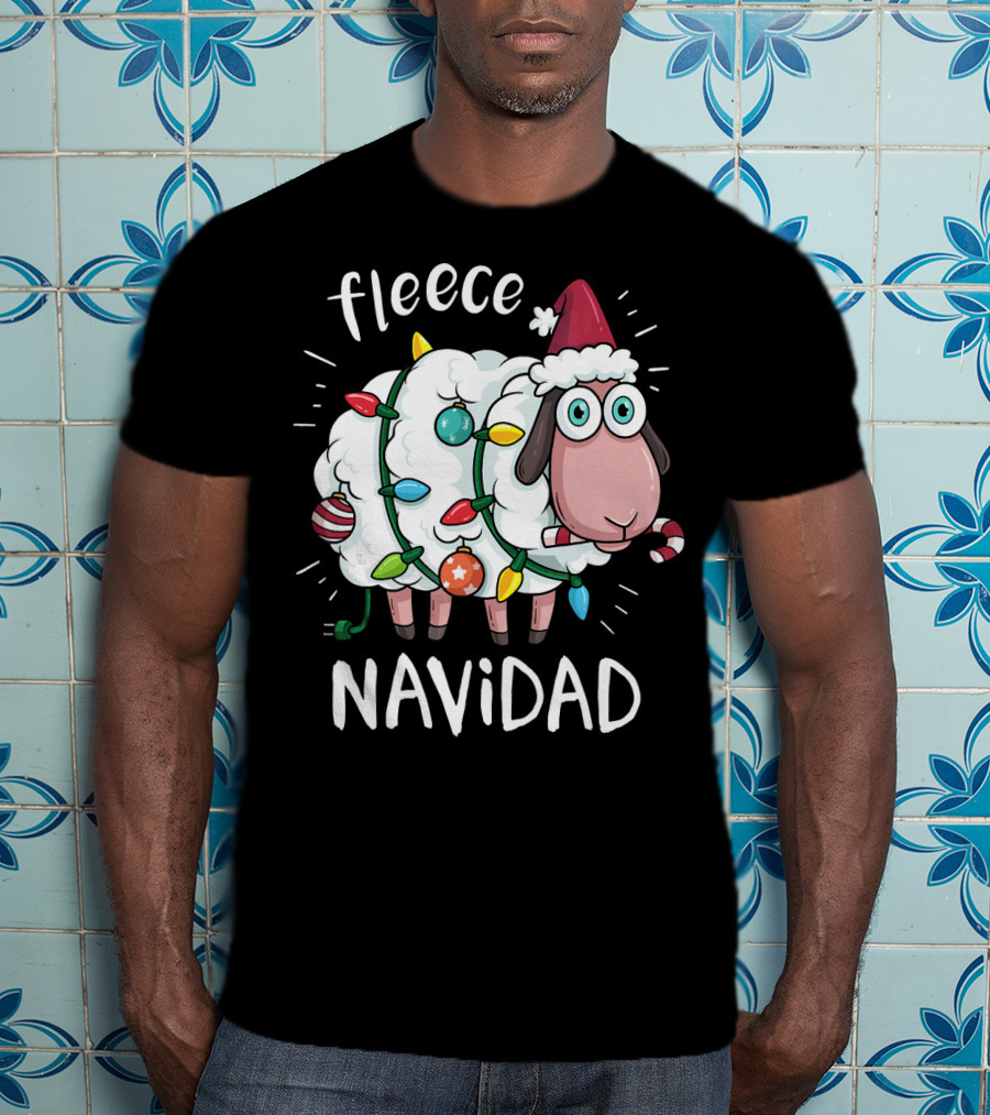 Fleece Navidad Funny Cute Sheep With Christmas Lights And Santa Hat T-Shirt
