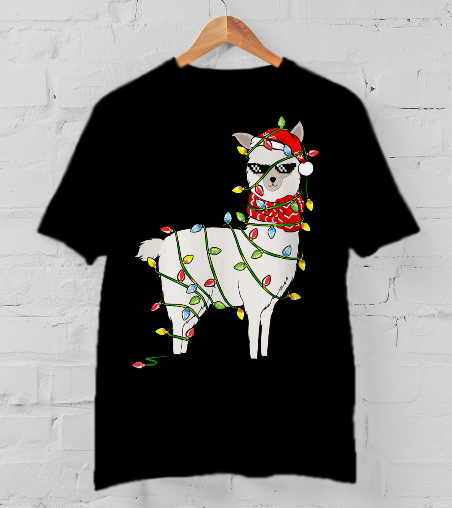 Llama Wrapped In Christmas Lights Wearing Santa Hat And Scarf T-Shirt
