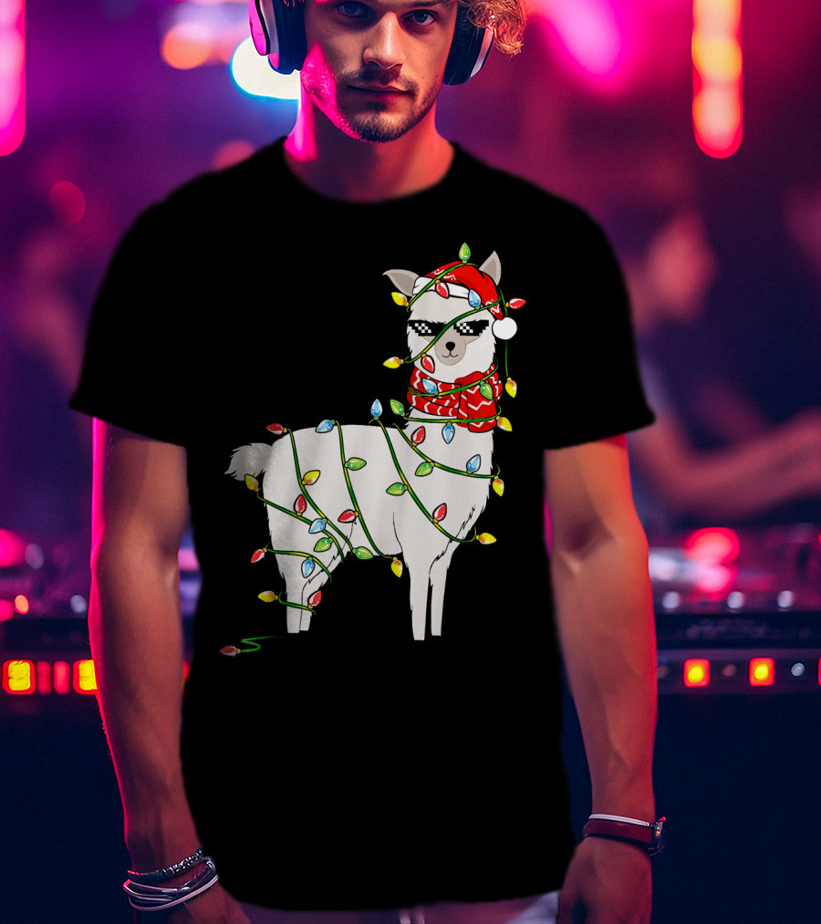 Llama Wrapped In Christmas Lights Wearing Santa Hat And Scarf T-Shirt