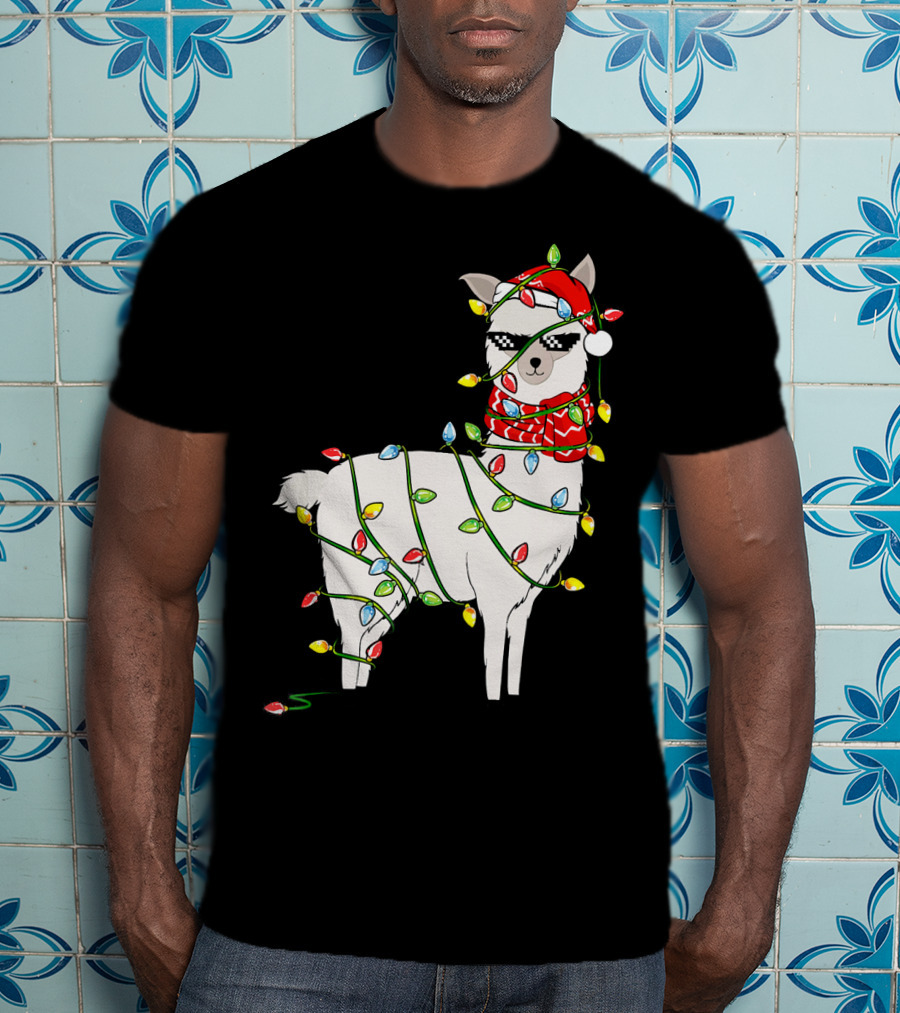 Llama Wrapped In Christmas Lights Wearing Santa Hat And Scarf T-Shirt