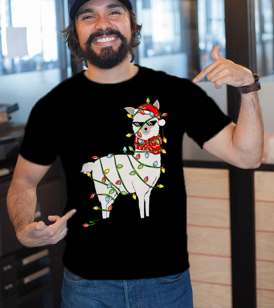 Llama Wrapped In Christmas Lights Wearing Santa Hat And Scarf T-Shirt
