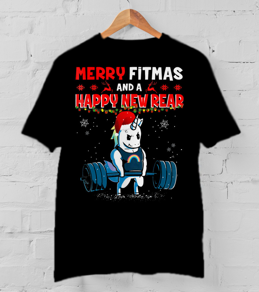 Merry Fitmas And A Happy New Rear Unicorn Weightlifting Santa Hat Snowflakes T-Shirt
