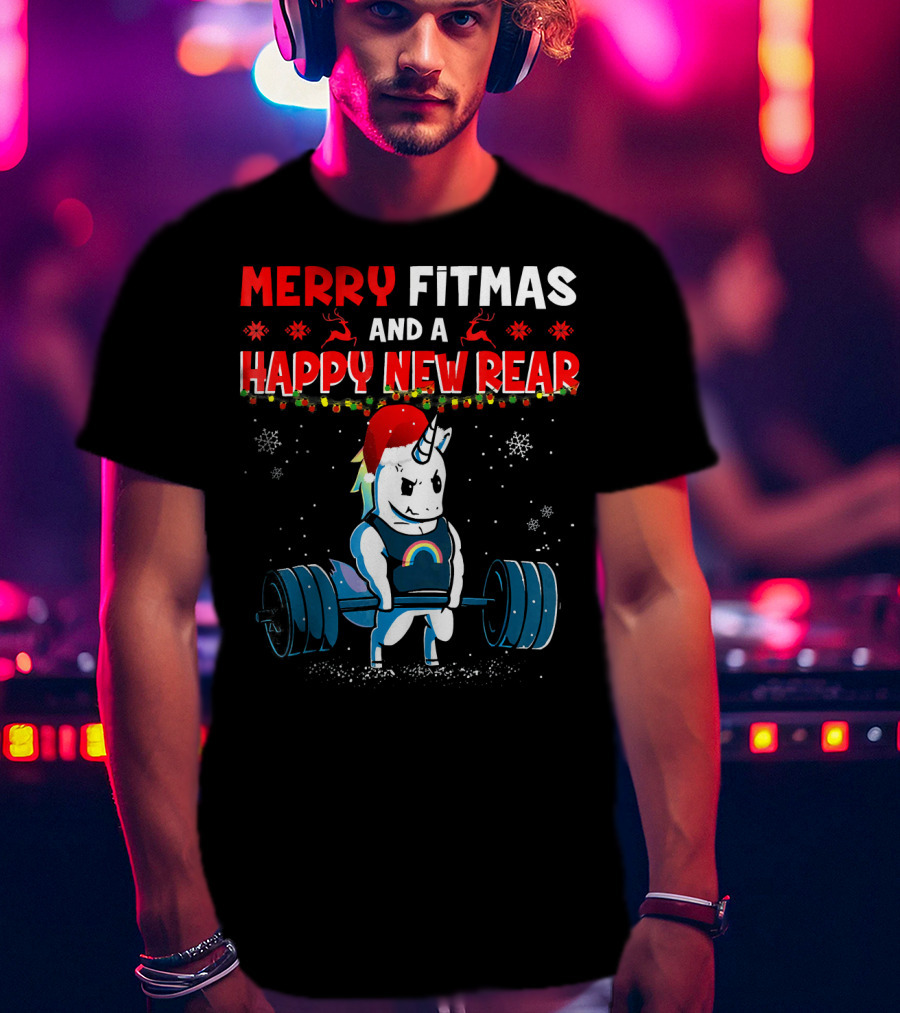Merry Fitmas And A Happy New Rear Unicorn Weightlifting Santa Hat Snowflakes T-Shirt