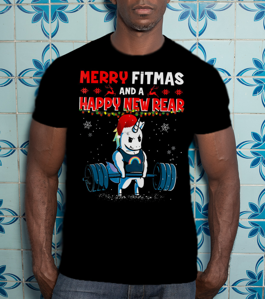 Merry Fitmas And A Happy New Rear Unicorn Weightlifting Santa Hat Snowflakes T-Shirt