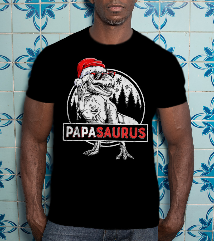 Papasaurus Dinosaur Santa Hat Christmas Snowflake Forest T-Shirt