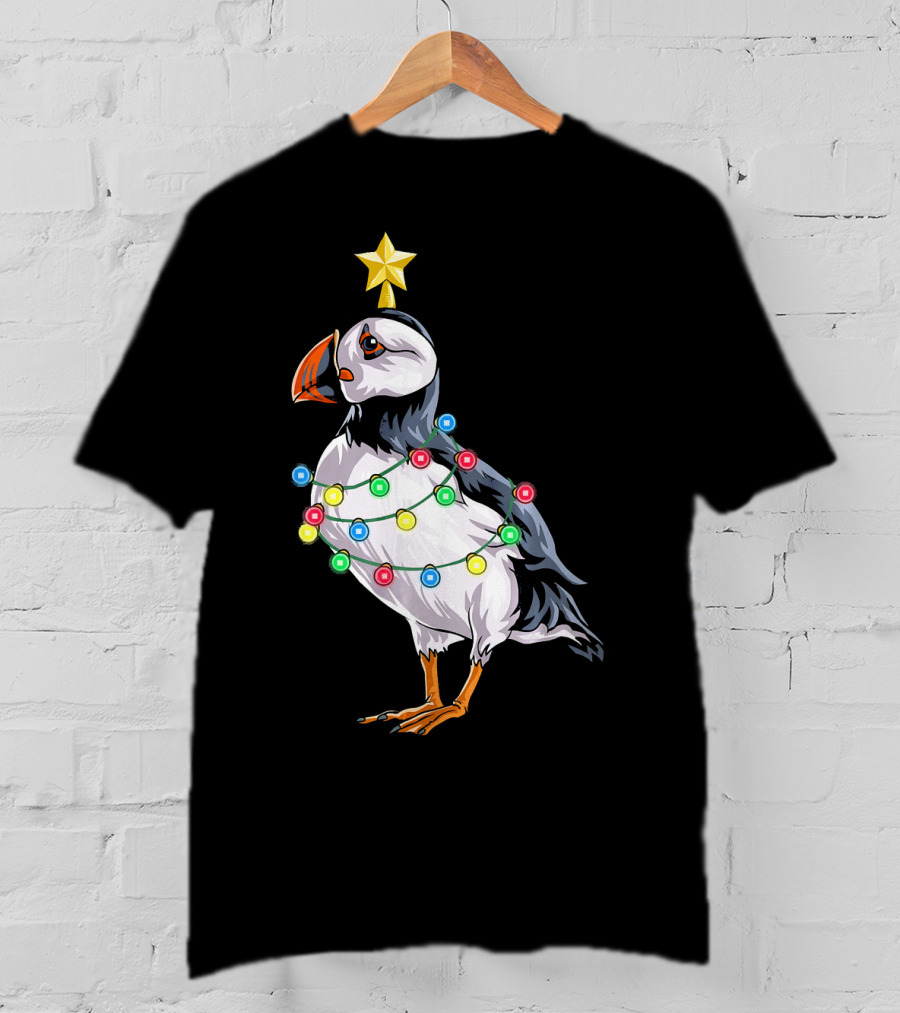 Puffin Bird Wrapped In Christmas Lights With Star T-Shirt