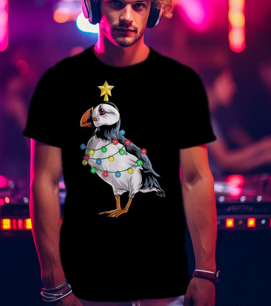 Puffin Bird Wrapped In Christmas Lights With Star T-Shirt