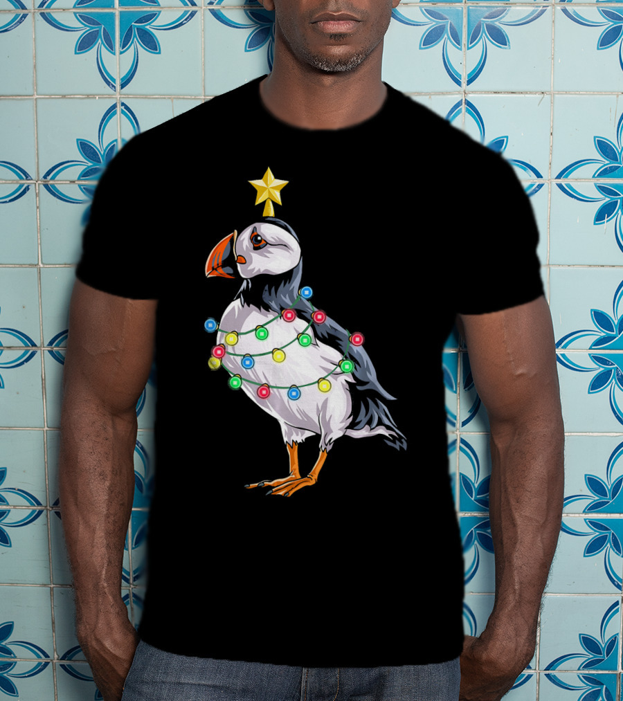 Puffin Bird Wrapped In Christmas Lights With Star T-Shirt