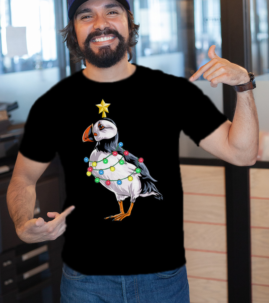 Puffin Bird Wrapped In Christmas Lights With Star T-Shirt