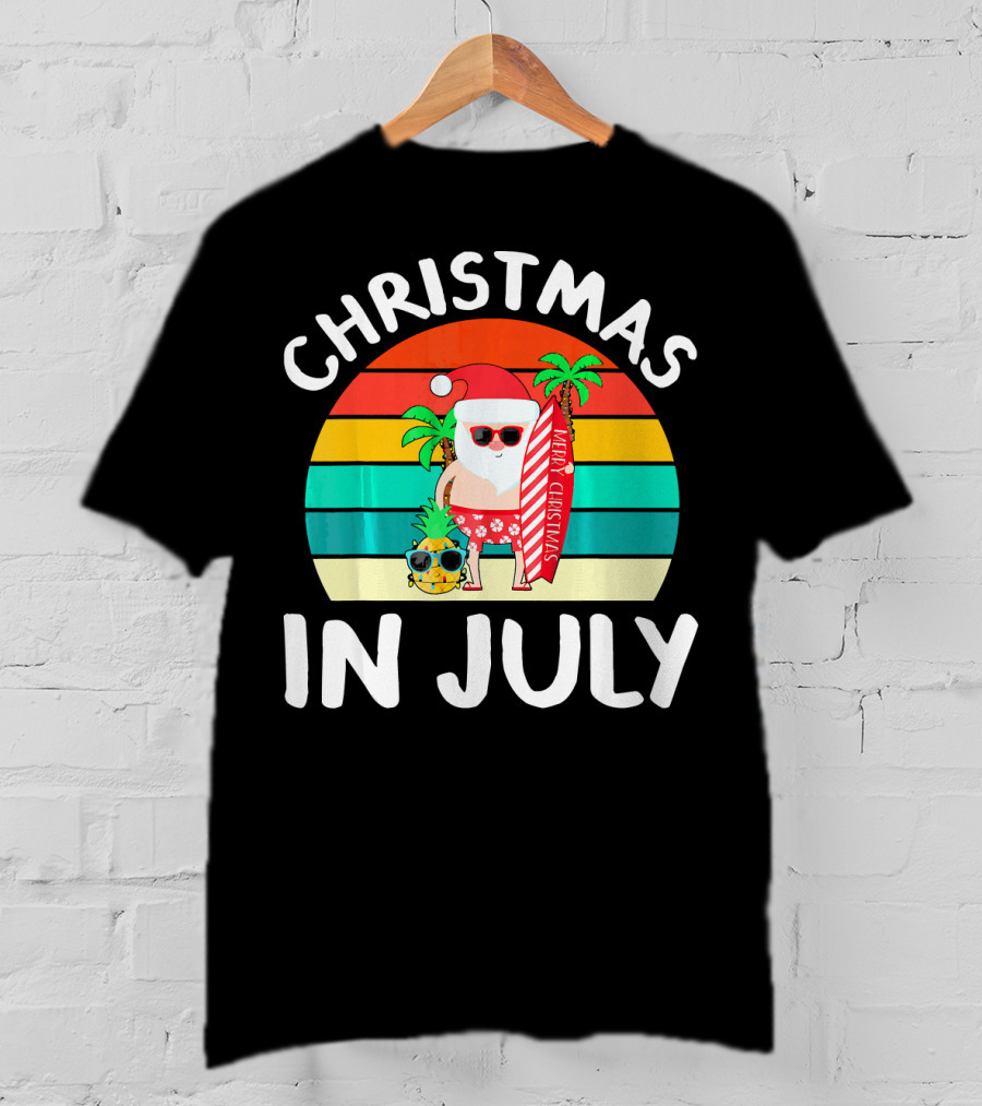 Christmas In July Vintage Santa Tropical Surfboard Merry Christmas T-Shirt