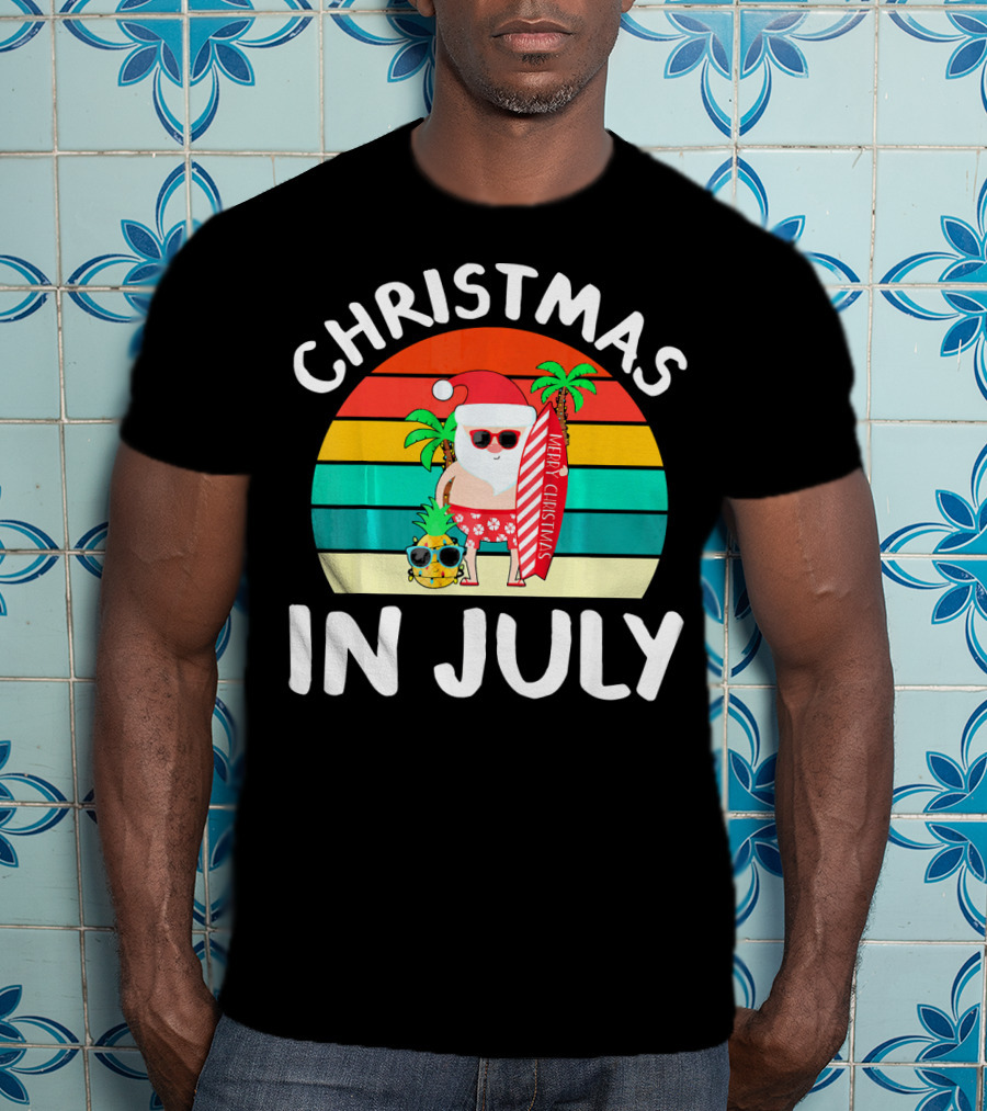 Christmas In July Vintage Santa Tropical Surfboard Merry Christmas T-Shirt