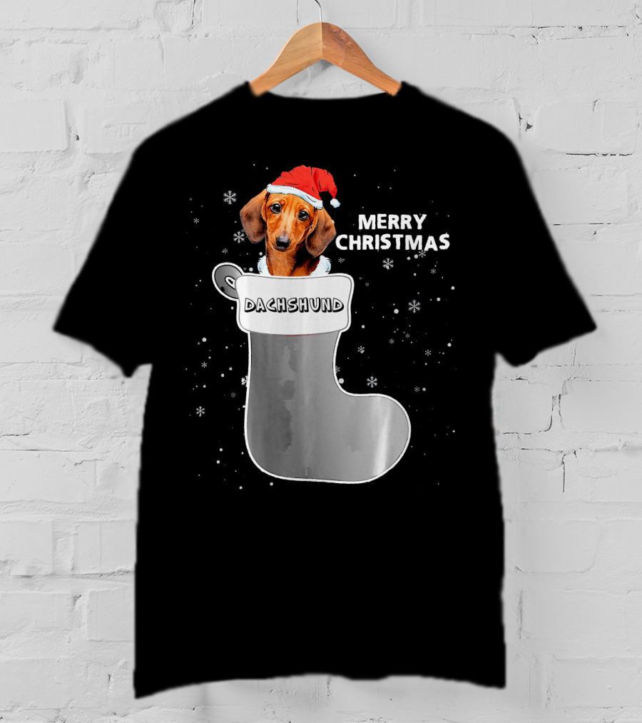 Dachshund Merry Christmas Sock Santa Hat T-Shirt