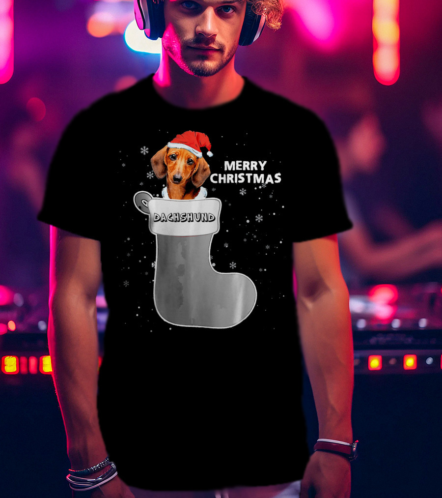 Dachshund Merry Christmas Sock Santa Hat T-Shirt