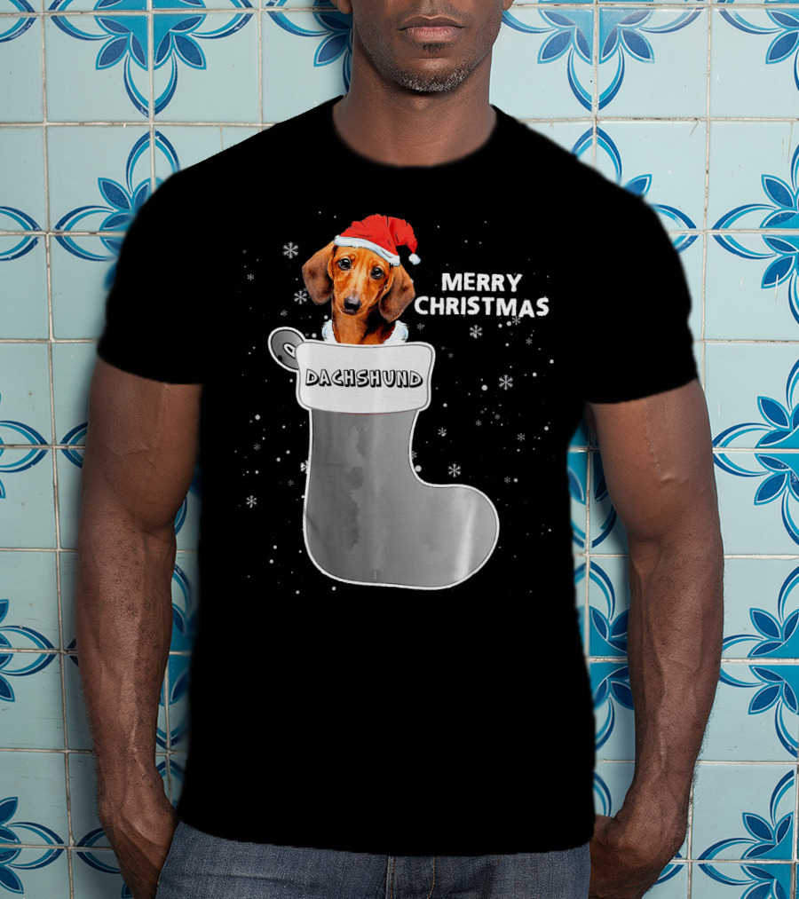 Dachshund Merry Christmas Sock Santa Hat T-Shirt
