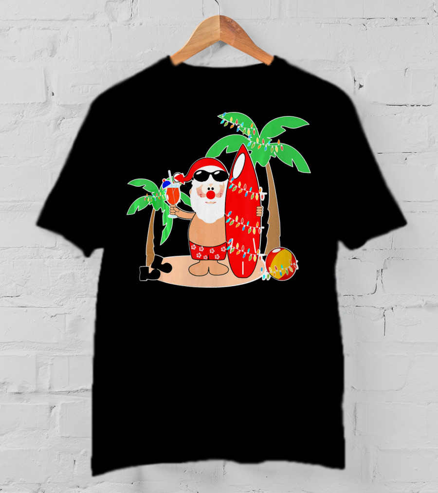 Santa Claus Surfing Hawaiian Summer Palm Trees And Lights T-Shirt