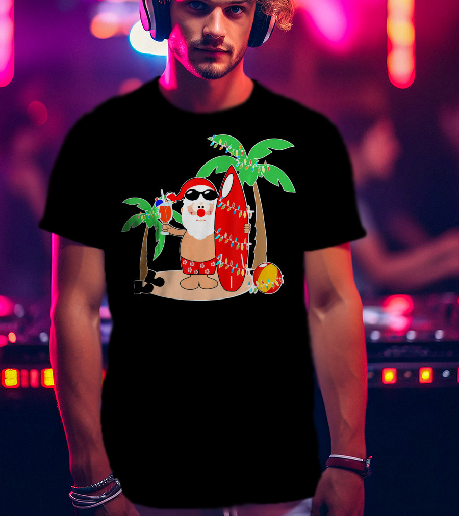 Santa Claus Surfing Hawaiian Summer Palm Trees And Lights T-Shirt