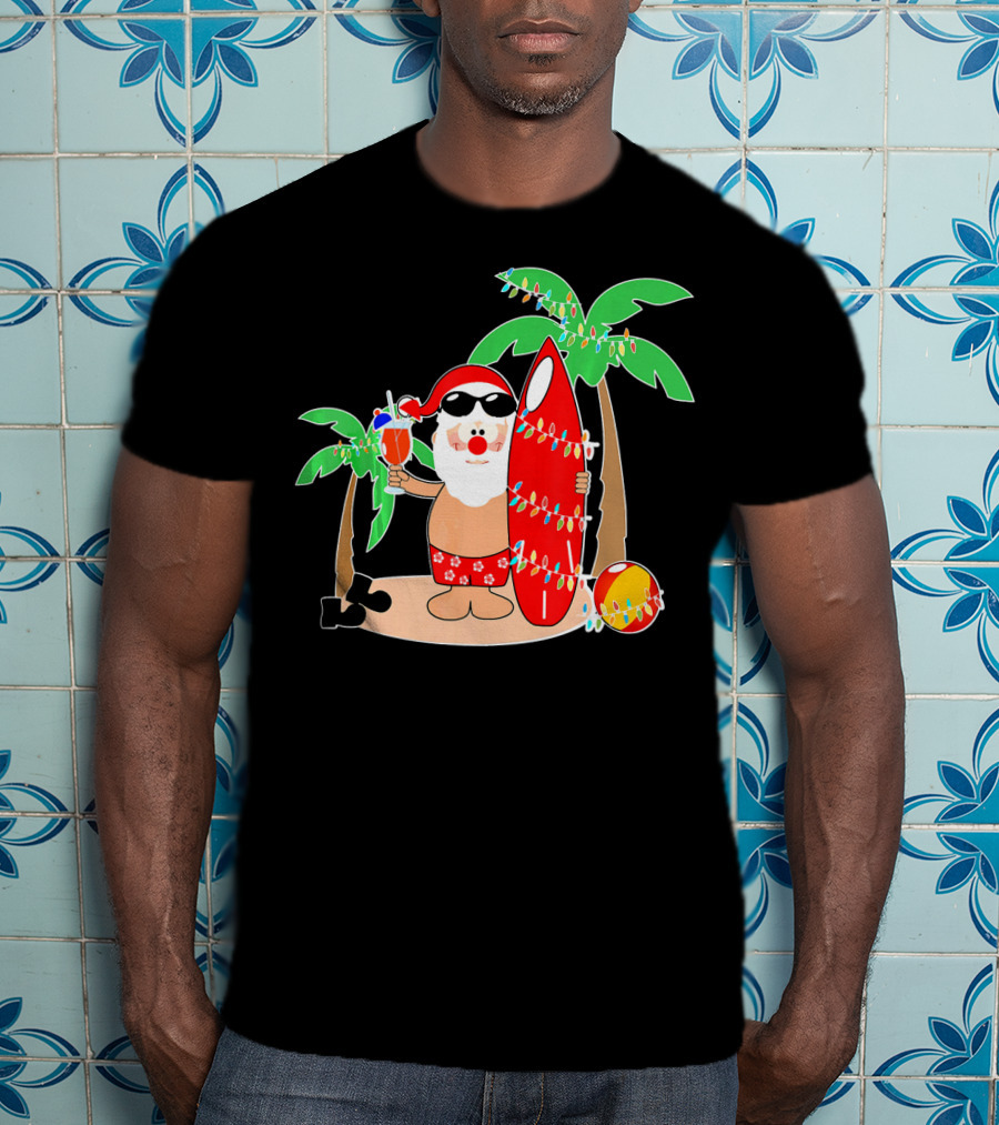 Santa Claus Surfing Hawaiian Summer Palm Trees And Lights T-Shirt