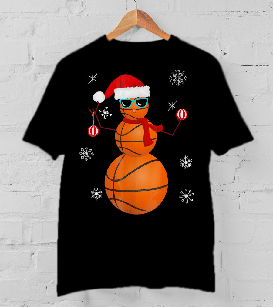 Christmas Basketball Snowman Santa With Sunglasses And Ornaments T-Shirt