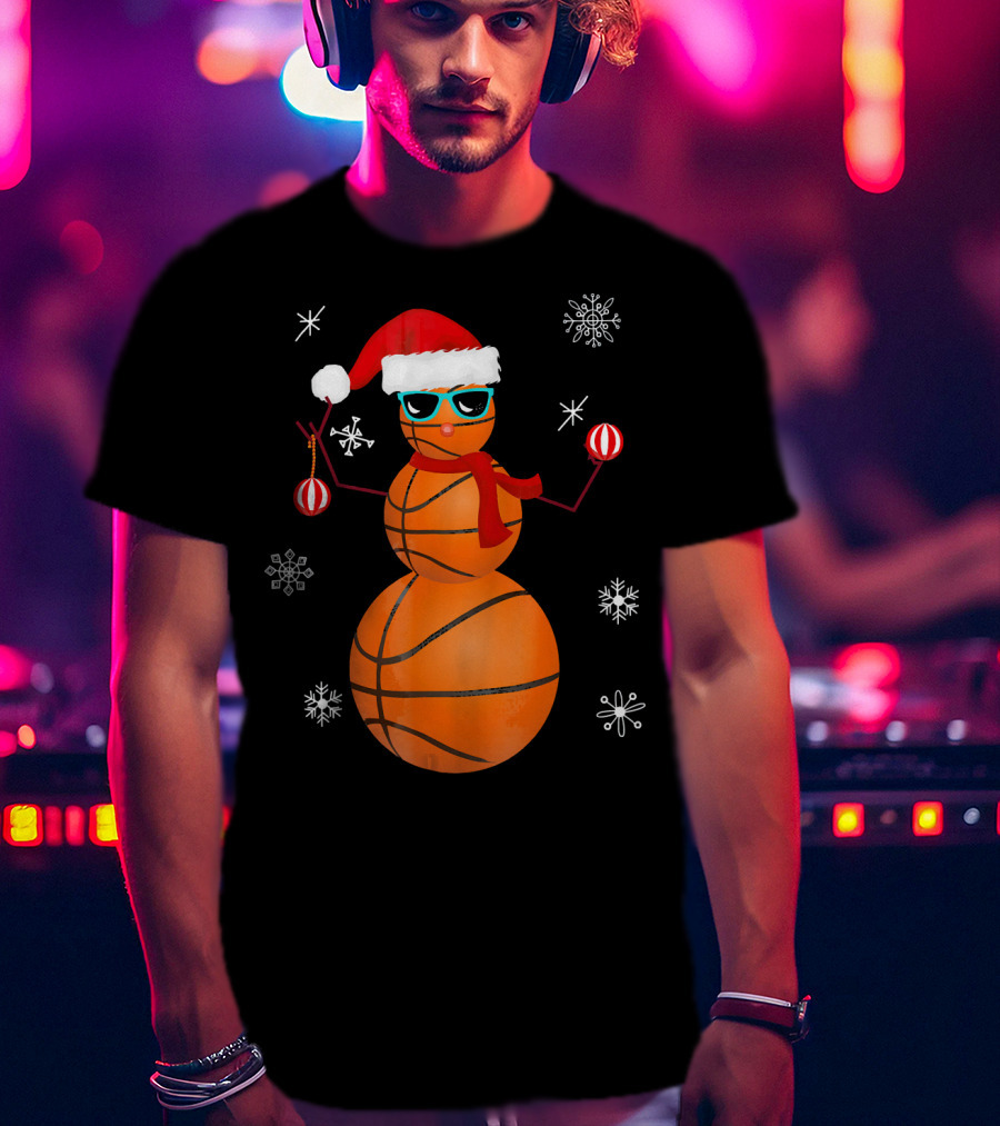 Christmas Basketball Snowman Santa With Sunglasses And Ornaments T-Shirt