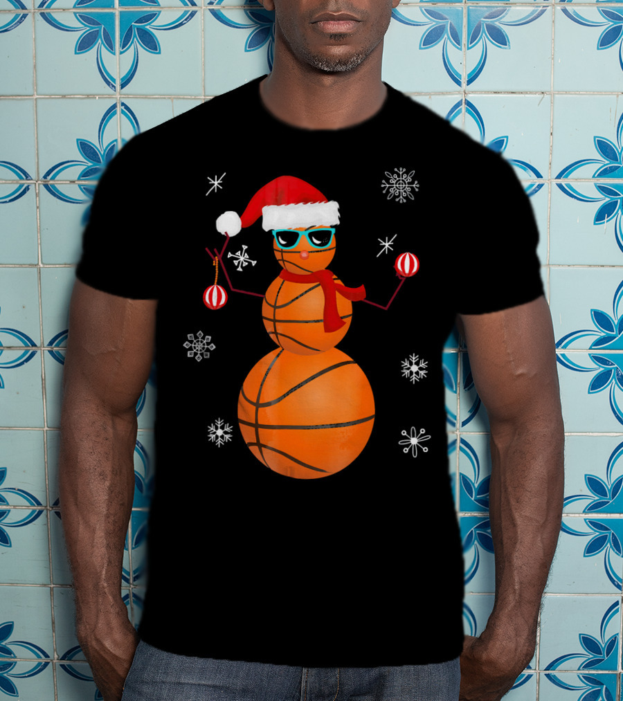 Christmas Basketball Snowman Santa With Sunglasses And Ornaments T-Shirt