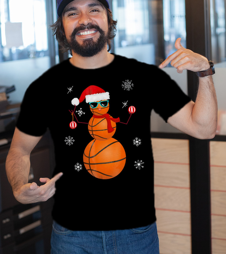 Christmas Basketball Snowman Santa With Sunglasses And Ornaments T-Shirt