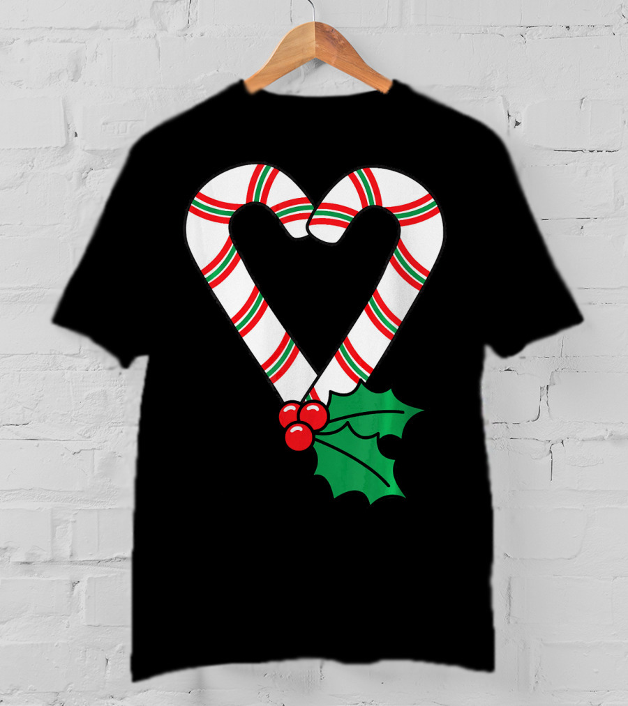 Christmas Candy Cane Heart Holly Berry T-Shirt