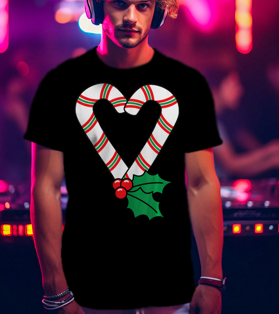Christmas Candy Cane Heart Holly Berry T-Shirt