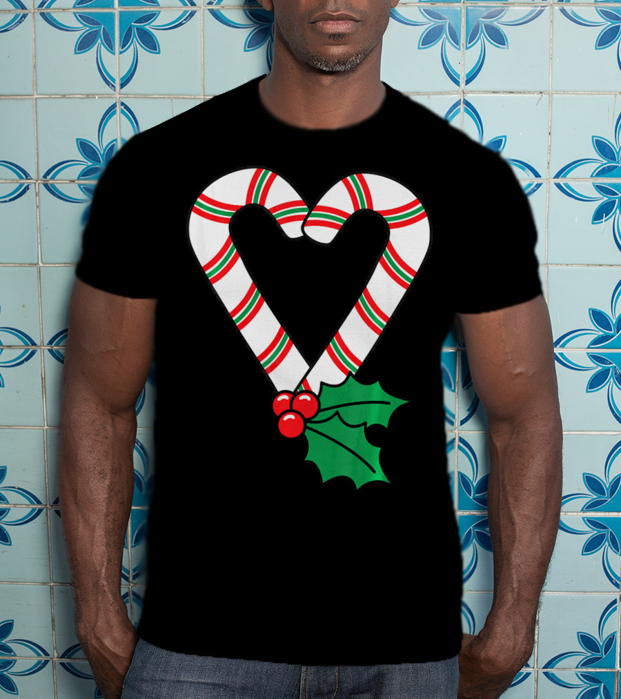 Christmas Candy Cane Heart Holly Berry T-Shirt