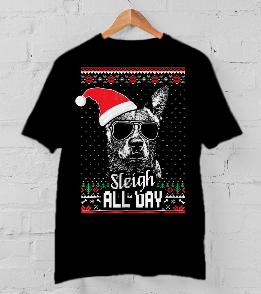 Sleigh All Day Funny Australian Cattle Dog Christmas Santa Hat Sunglasses Festive Knit T-Shirt